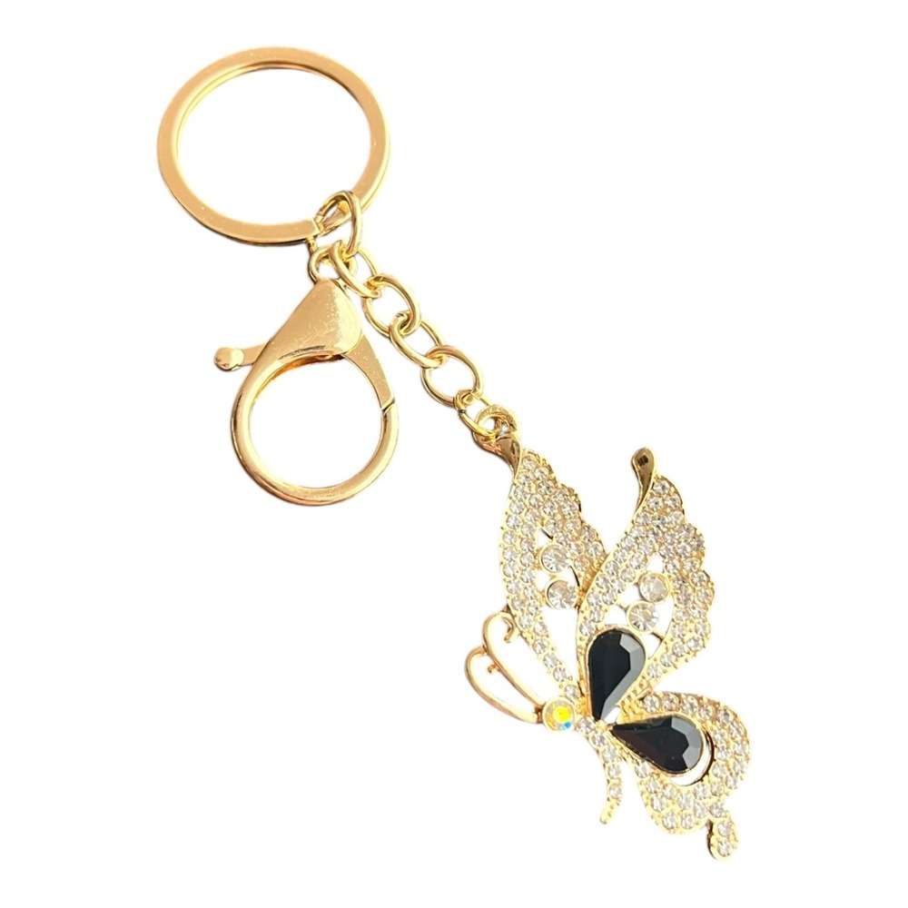 Women's Gold Tone 4" Rhinestone Butterfly Key Chain Sparkly Bag Purse Charm